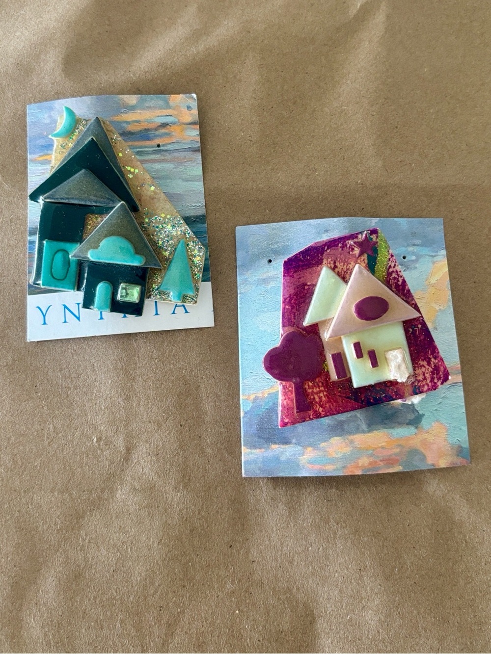 2 Vintage House Pin Pins Lucinda Maine Brooch Moon Heart Glitter Duo